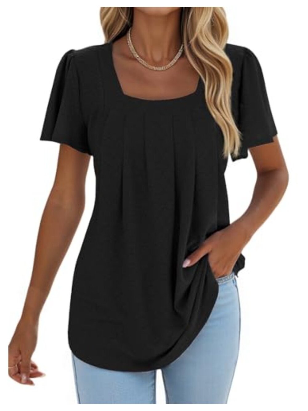 Pleated Square Neck Ruffle Sleeve Tunic Top Loose Fit Curved Hem